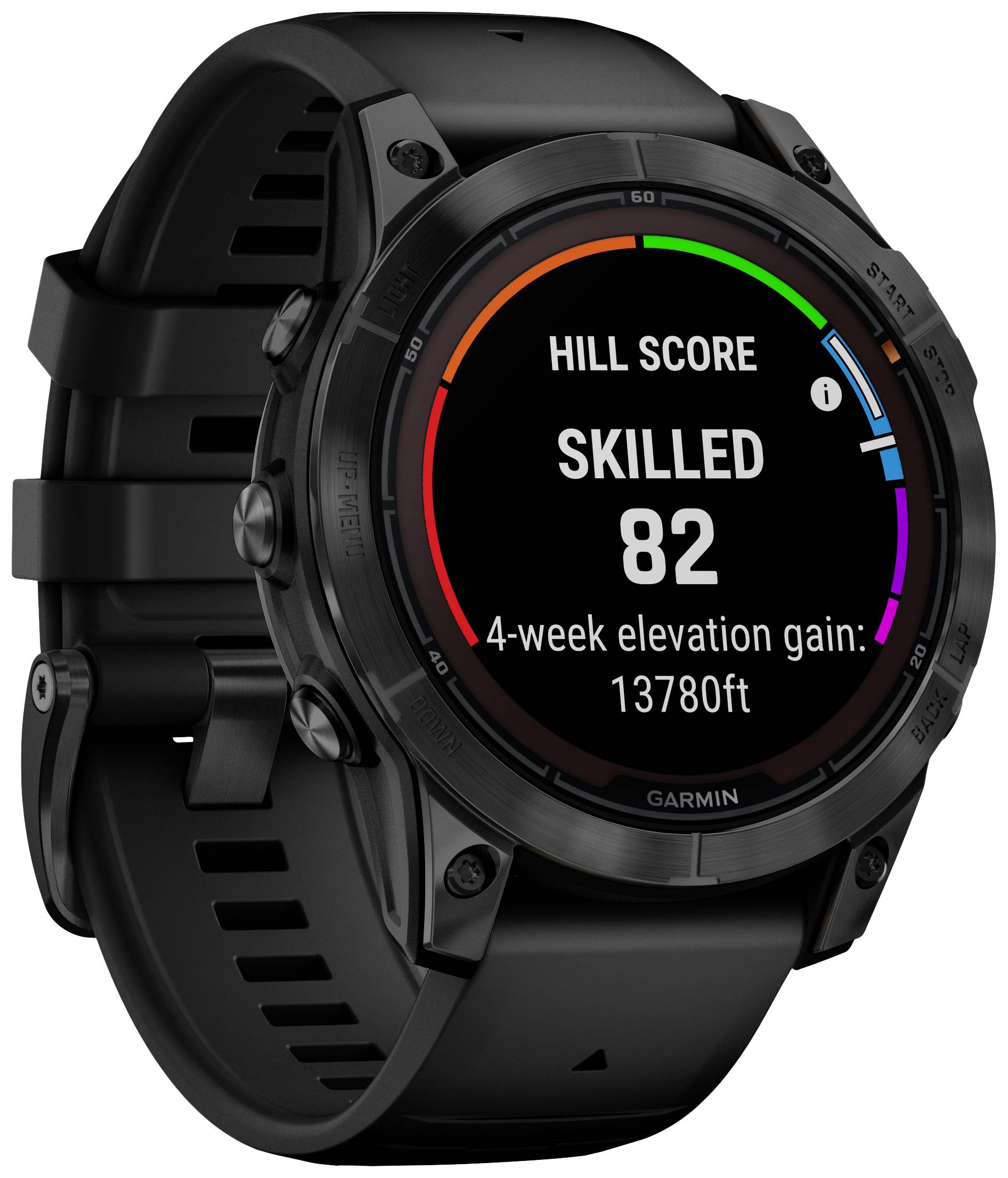Schwarze Smartwatch mit rundem Display zeigt 'Hill Score Skilled 82' und '4-week elevation gain: 13780ft' an. Geeignet für Sportler.