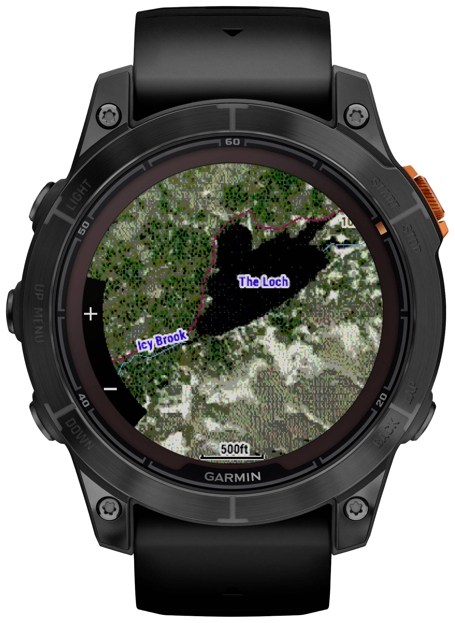 Eine Smartwatch zeigt eine Karte mit markiertem Wanderweg durch den Wald. Markierungen: 'Icy Brook' und 'The Loch'.