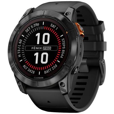 Eine schwarze Smartwatch mit rundem Display zeigt die Uhrzeit '10:10'. Auf dem Rand sind Markierungen wie 'Steps' und 'Battery' sichtbar.