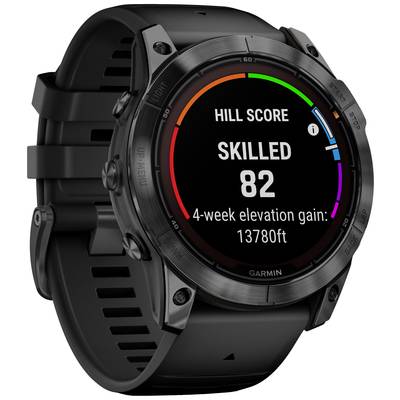 Schwarze Garmin-Uhr mit rundem Display. Zeigt: 'Hill Score', 'Skilled 82', '4-week elevation gain: 13780 ft'. Ideal für Bergsteiger.