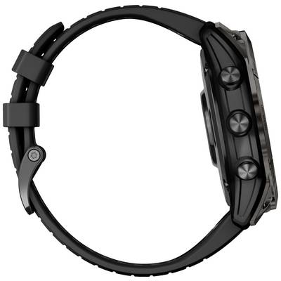 Seitliche Ansicht einer schwarzen Armbanduhr mit drei Knöpfen und einem schwarzen Armband.