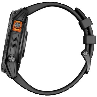 Schwarze, robuste Smartwatch von der Seite, mit orangefarbenem Detail. Armband und seitliche Tasten sichtbar. Geeignet für Outdoor-Aktivitäten.