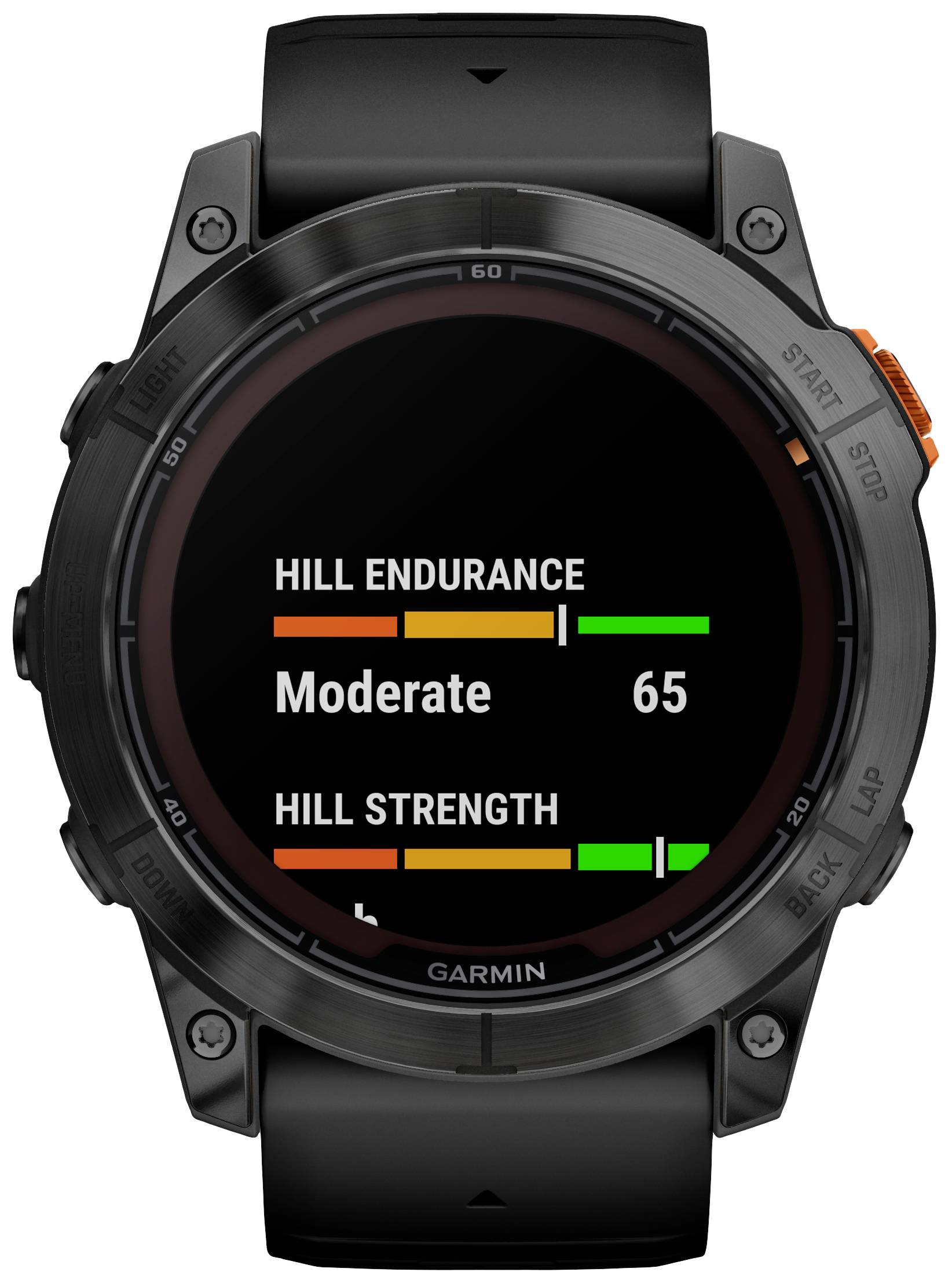 'Smartwatch-Display zeigt Messwerte: Hill Endurance - Moderate 65, Hill Strength - niedrige Werte. Fitnessanzeige für Berglauftauglichkeit.'