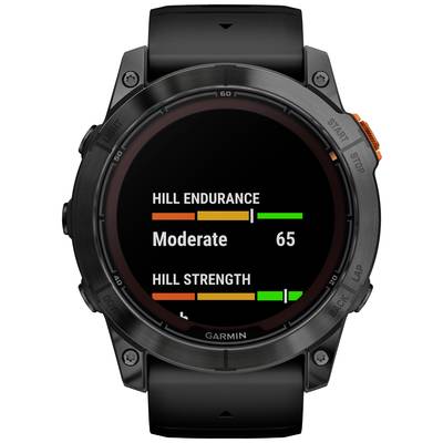 'Smartwatch-Display zeigt Messwerte: Hill Endurance - Moderate 65, Hill Strength - niedrige Werte. Fitnessanzeige für Berglauftauglichkeit.'