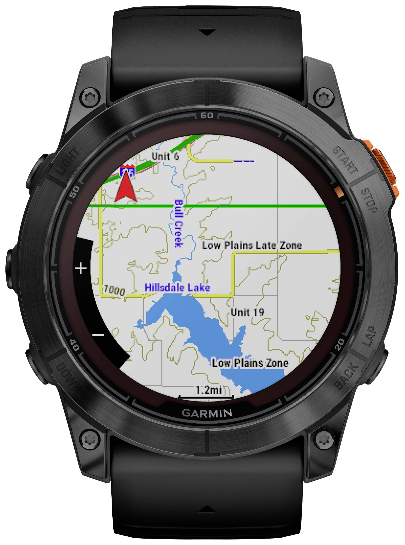 Eine Smartwatch zeigt eine topografische Karte mit markierten Zonen, Fluss 'Bull Creek' und 'Hillsdale Lake'. Eine rote Markierung zeigt die Position 'Unit 6'.