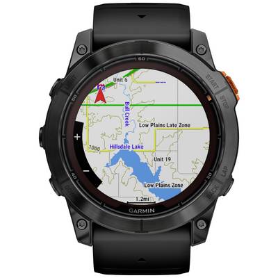 Eine Smartwatch zeigt eine topografische Karte mit markierten Zonen, Fluss 'Bull Creek' und 'Hillsdale Lake'. Eine rote Markierung zeigt die Position 'Unit 6'.