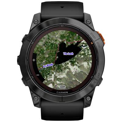 Eine schwarze Armbanduhr zeigt eine farbige digitale Karte mit einem See im Zentrum namens 'The Loch' und einem Fluss, 'Icy Brook'.