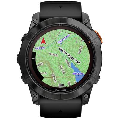 GPS-Uhr mit Karte der 'Glacier Gorge Trail'-Route. Zeigt Höhenlinien, Flüsse und Seen. Pfeil zeigt die Bewegungsrichtung.