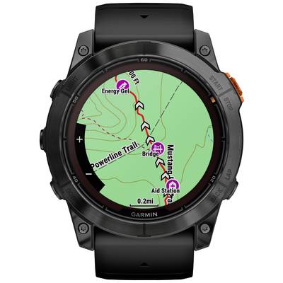 Eine GPS-Uhr zeigt eine Karte mit einer Route über den 'Powerline Trail', vorbei an 'Bridge', 'Aid Station' und 'Energy Gel'.