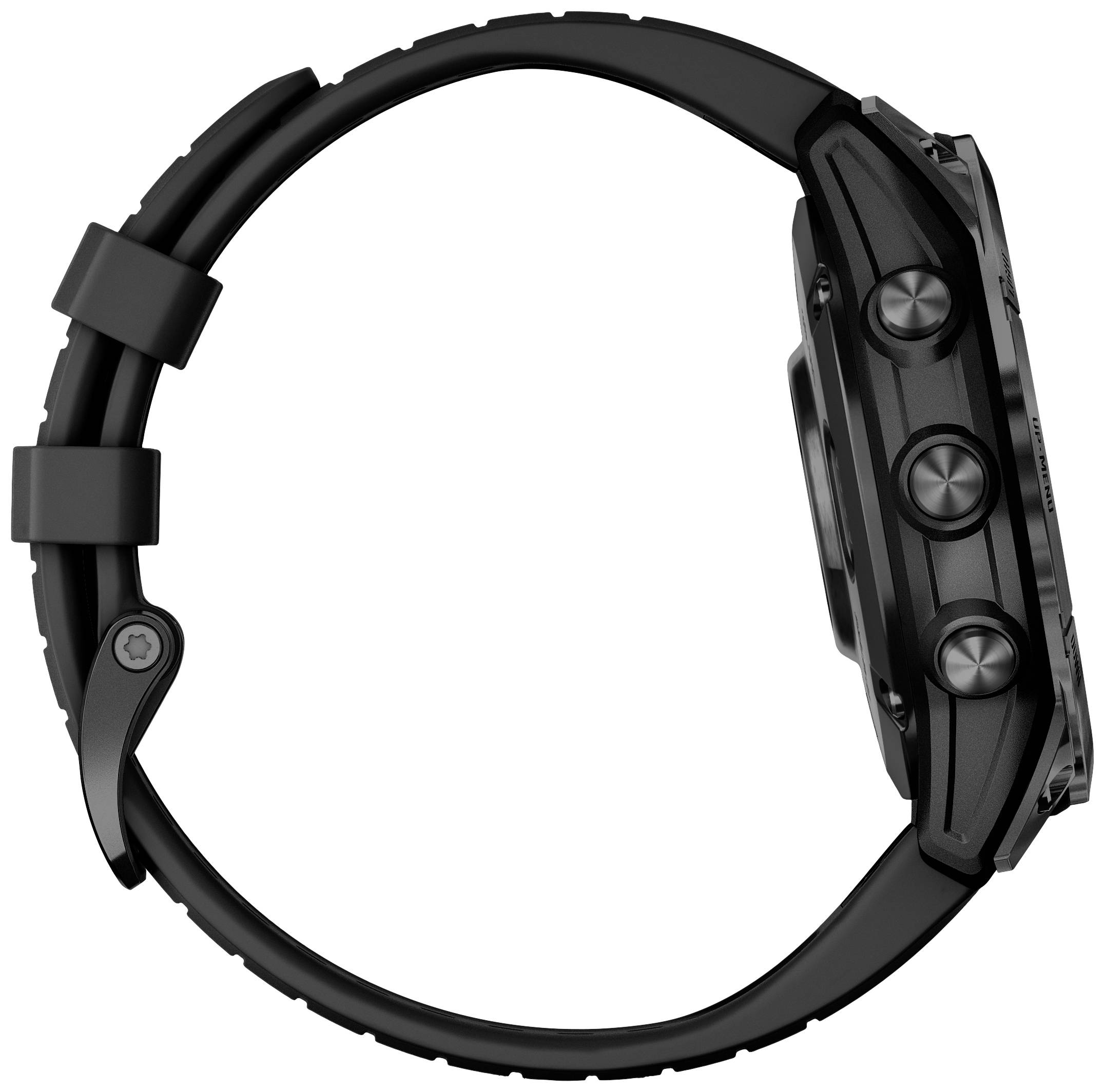 Seitliche Ansicht einer schwarzen Smartwatch mit drei Knöpfen auf der rechten Seite, zeigt das Band und das Gehäuseprofil.