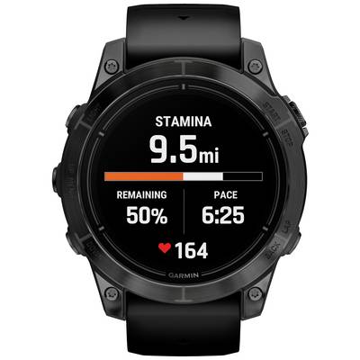 Eine schwarze Sportuhr zeigt 'Stamina 9.5 mi', 'Remaining 50%', 'Pace 6:25' und 'Herzfrequenz 164'.