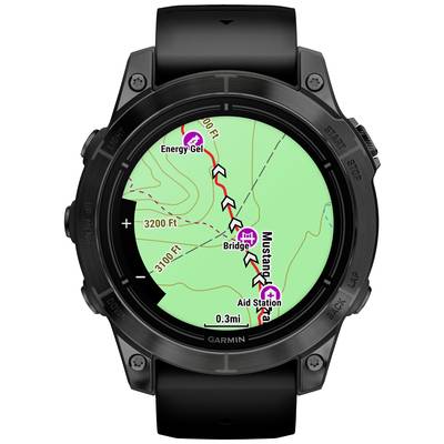GPS-Uhr zeigt eine Wanderkarte mit einer Route, Entfernungsangaben und Markierungen für 'Energy Gel', 'Bridge' und 'Aid Station'.