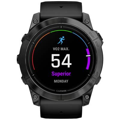 Smartwatch mit schwarzem Armband zeigt 'VO2 MAX. 54 Superior'. Display hat bunte Skala mit laufender Person-Ikone. Tag: Montag.