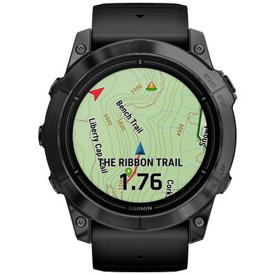 Eine Smartwatch zeigt eine topografische Karte mit Wanderweg 'The Ribbon Trail' und Höhenlinien. Entfernung: 1,76 km.