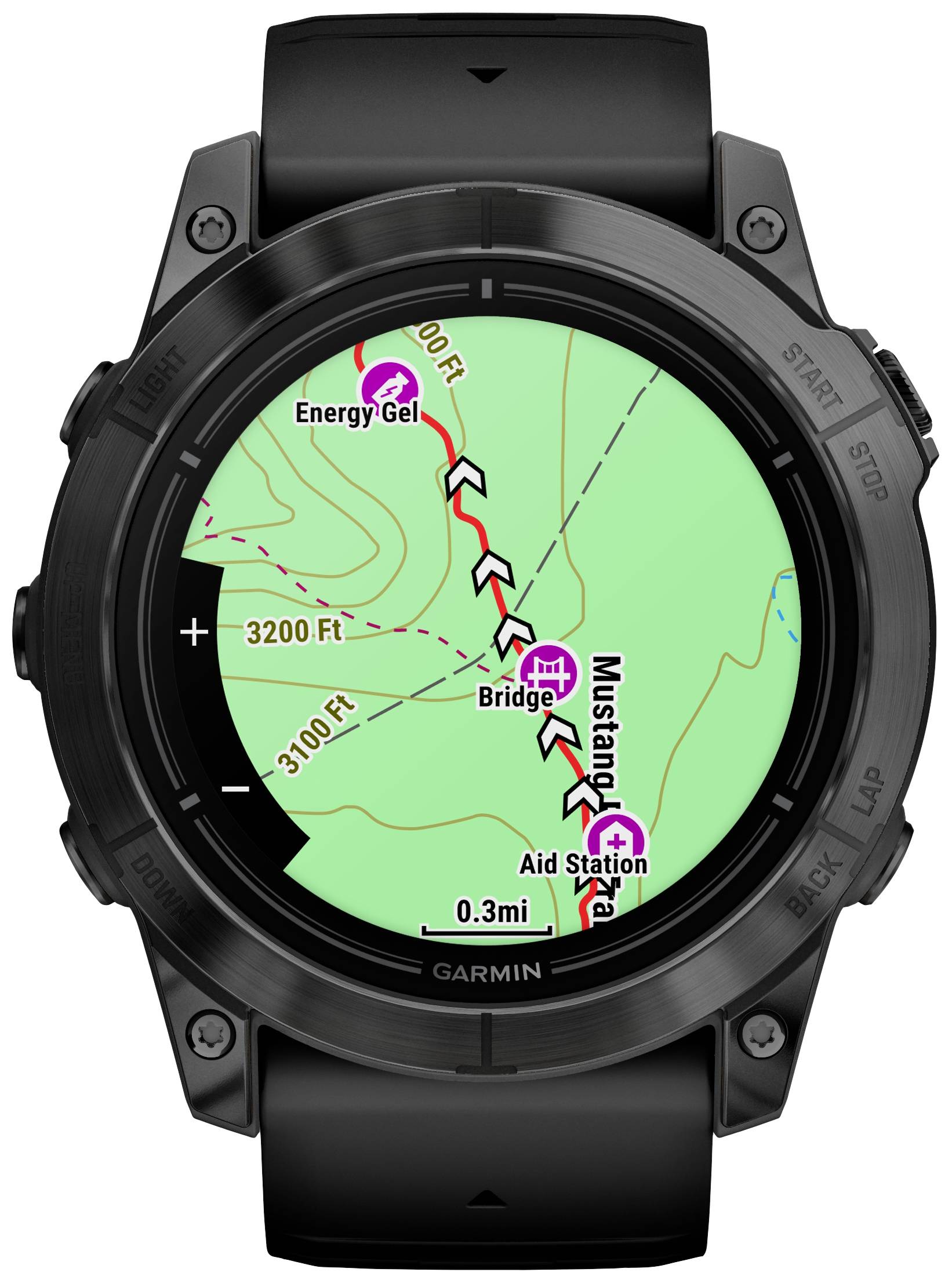 Smartwatch zeigt GPS-Route einer Wanderung mit markierten Punkten wie 'Aid Station', 'Energy Gel' und Distanzen in Metern.