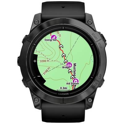 Smartwatch zeigt GPS-Route einer Wanderung mit markierten Punkten wie 'Aid Station', 'Energy Gel' und Distanzen in Metern.