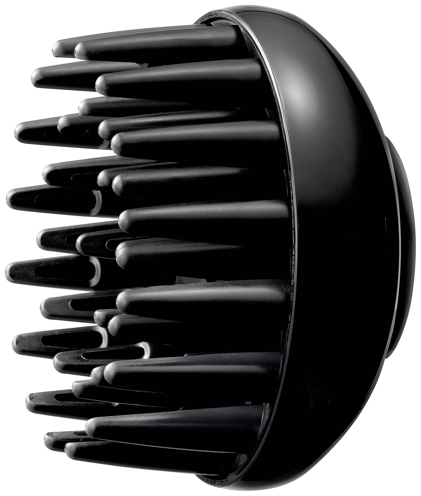 Ein schwarzer Massagestriegel mit vielen abgerundeten, flexiblen Noppen zur sanften Kopfhautmassage.