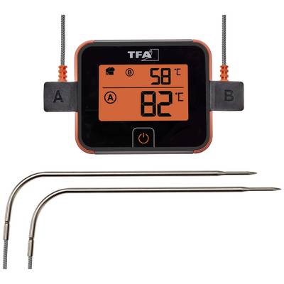Digitales Thermometer mit zwei Metallmessfühlern. Display zeigt Temperaturen von 58°C und 82°C an. Markenname 'TFA' sichtbar.