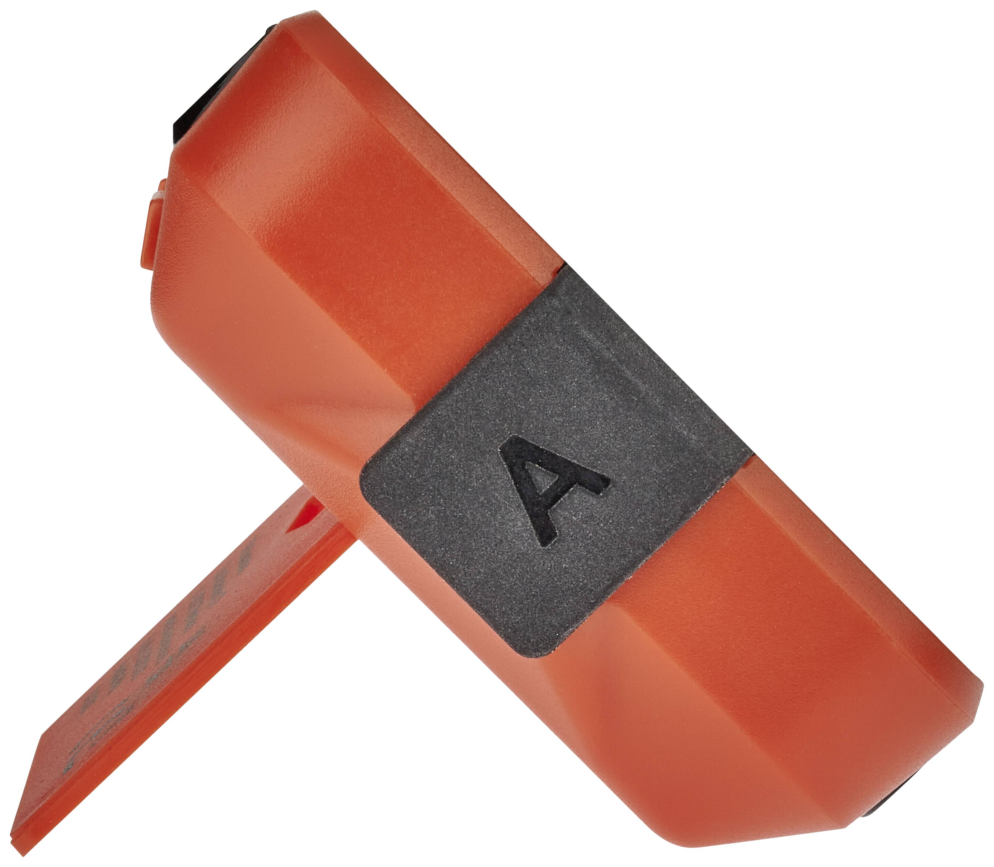 Rotes, schräg stehendes Gerät mit schwarzem Buchstaben 'A' an der Seite.