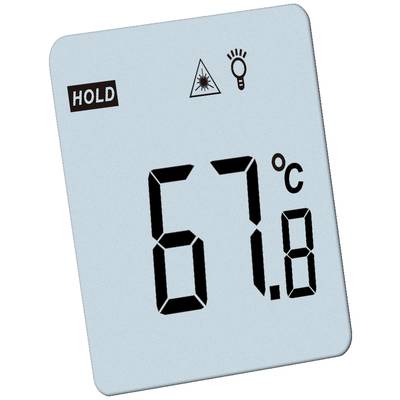 Digitalthermometer zeigt '67,8°C' an. Symbole für Laser und Licht oben, 'HOLD'-Taste links.