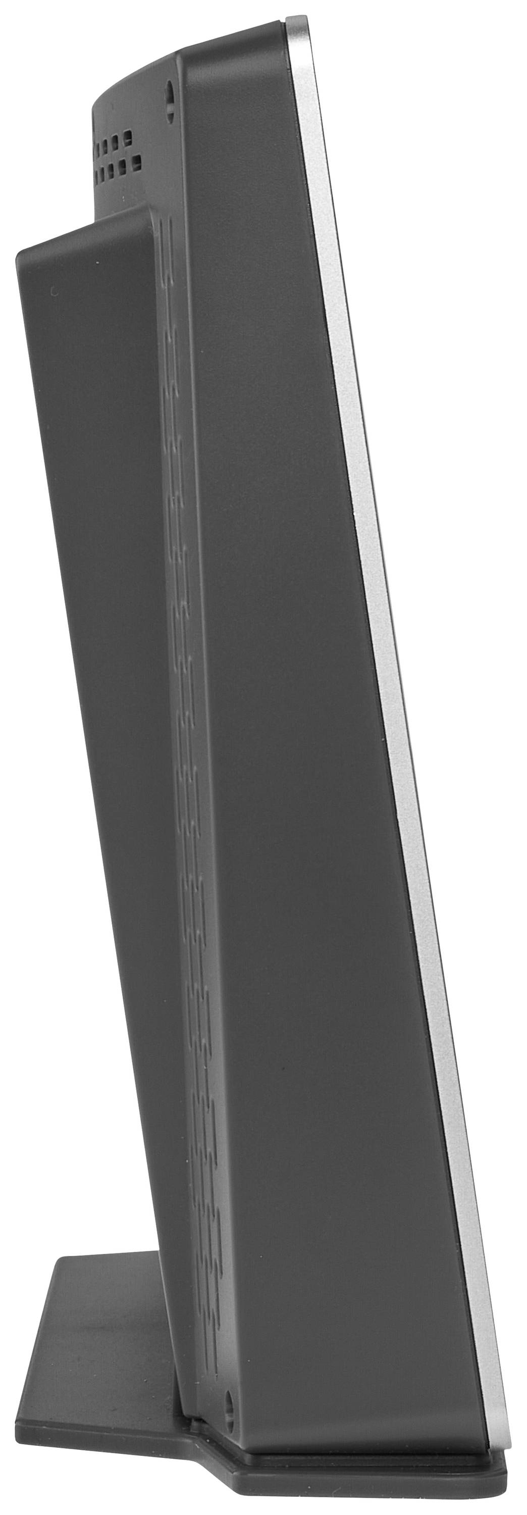 Seitenansicht eines schwarzen Flachbildschirms auf einem rechteckigen Standfuß.