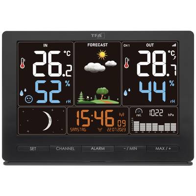 Digitales Thermometer und Hygrometer zeigt 26,2°C innen und 28,7°C außen, 52% und 44% Luftfeuchtigkeit. Wettervorhersage: sonnig. Aktuelle Uhrzeit: 15:46, Datum: 22.07.2023.