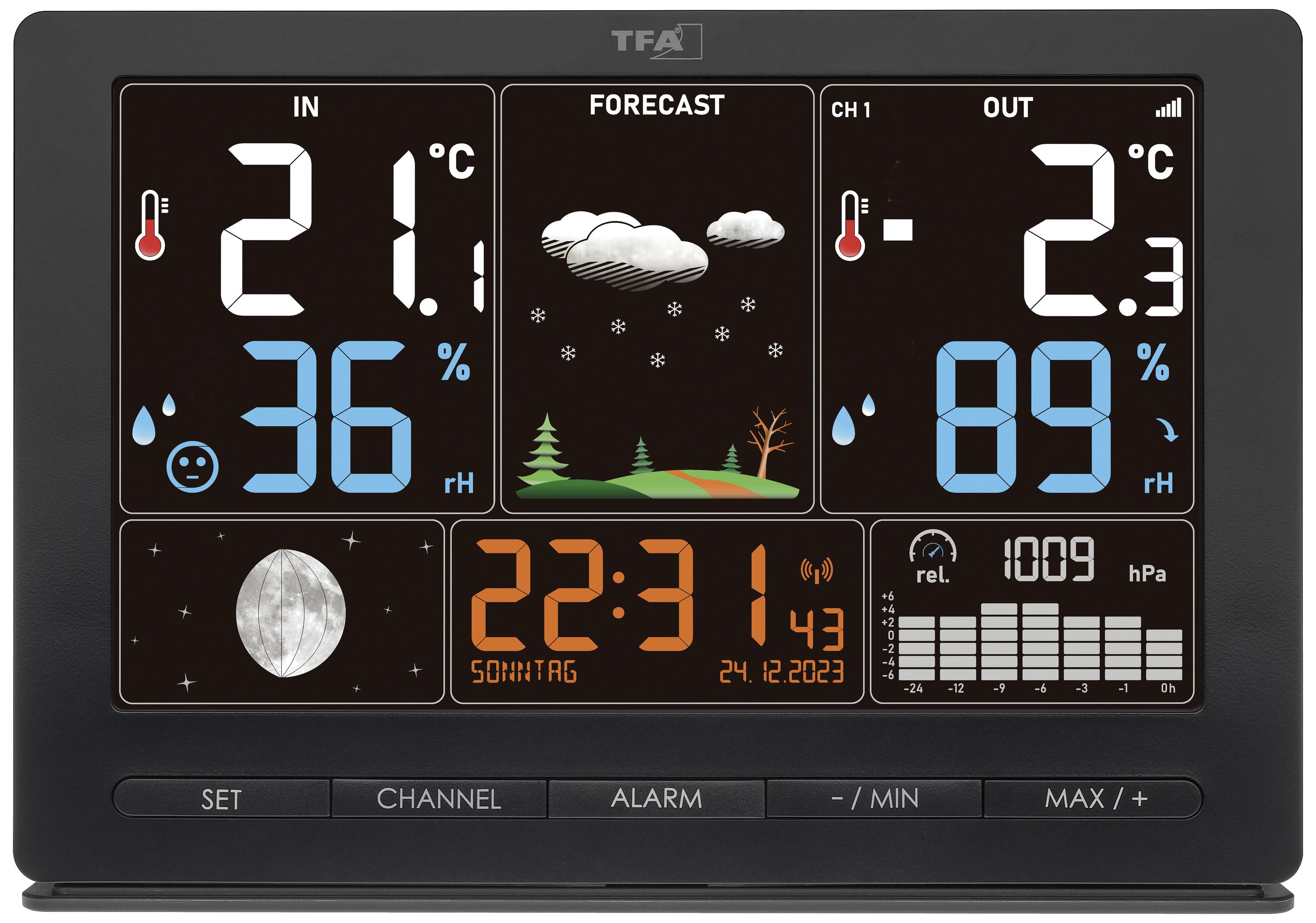 Wetterstationanzeige: Innentemperatur 21°C, 36% Luftfeuchtigkeit. Außentemperatur -2°C, 89% Luftfeuchtigkeit. Wettervorhersage: Schnee. Uhrzeit 22:31, Datum 24.12.2023. Mondphase abnehmend.