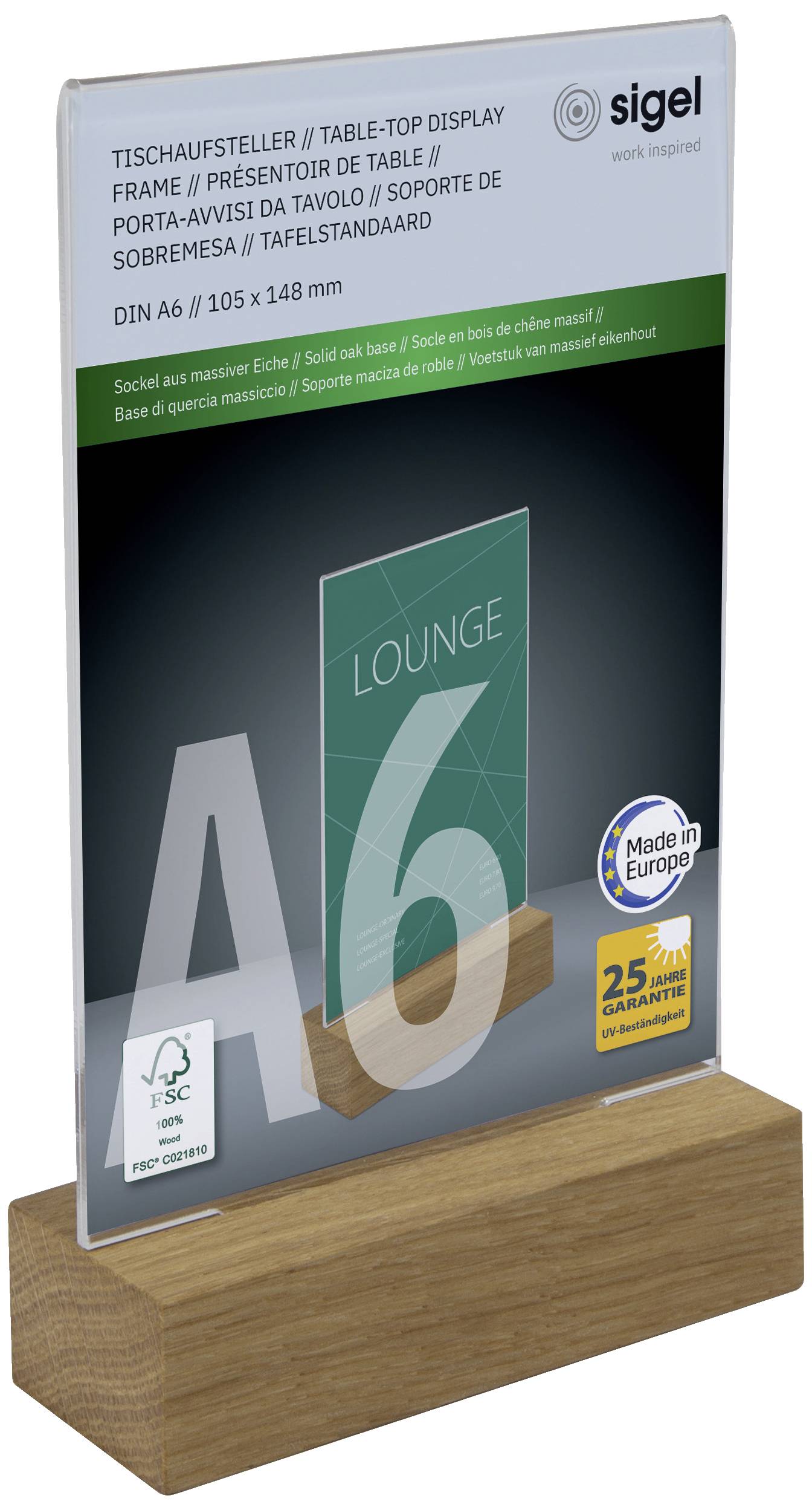 Tischaufsteller mit Acrylglas und Holzsockel, geeignet für DIN A6-Dokumente. Zeigt das Wort 'LOUNGE'. Hergestellt in Europa.