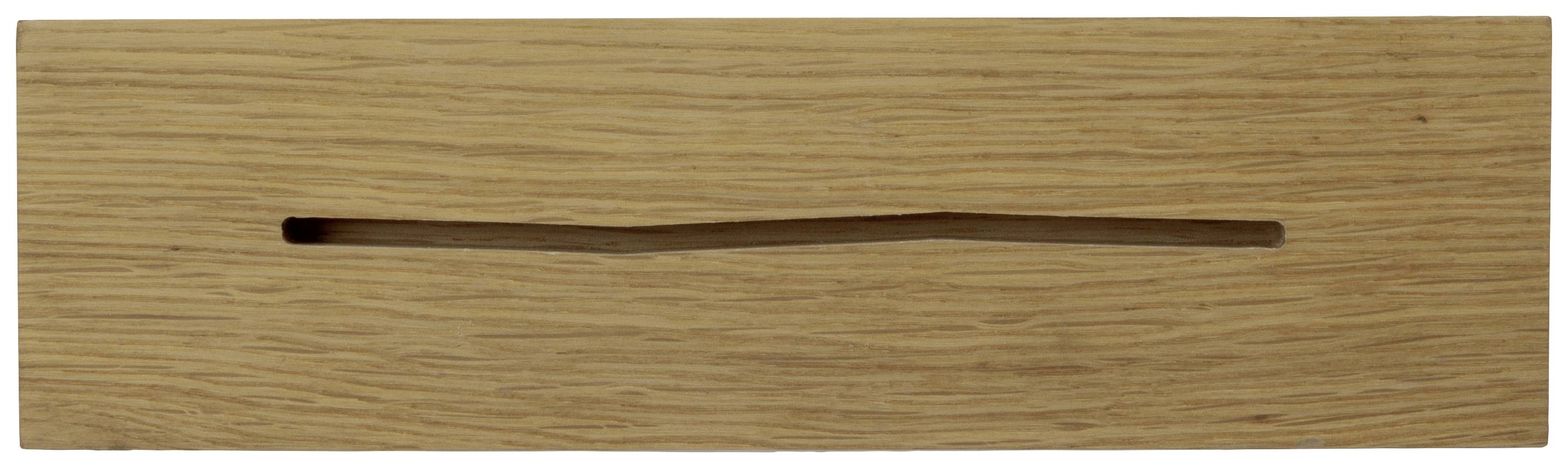 Ein rechteckiges Holzbrett mit einem schmalen Schlitz in der Mitte. Das Holz hat eine natürliche Maserung und eine helle Farbe.