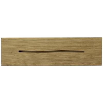 Eine lange, schmale Öffnung in einem rechteckigen Holzbrett, möglicherweise ein Element eines Möbelstücks oder Dekogegenstands.