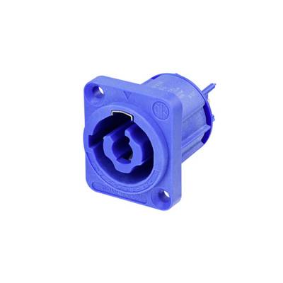 Blauer Stromanschlussstecker aus Kunststoff, seitlich abgebildet, zeigt den dreipoligen Anschlussmechanismus. Hauptsächlich in Elektrotechnik verwendet.