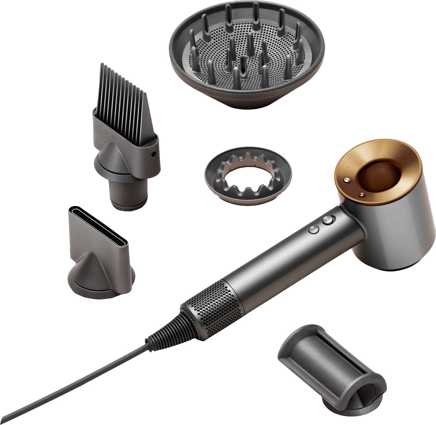 Eine schwarze und goldene Haartrockner mit verschiedenen Aufsätzen, darunter ein Diffusor und schmale Stylingdüsen.