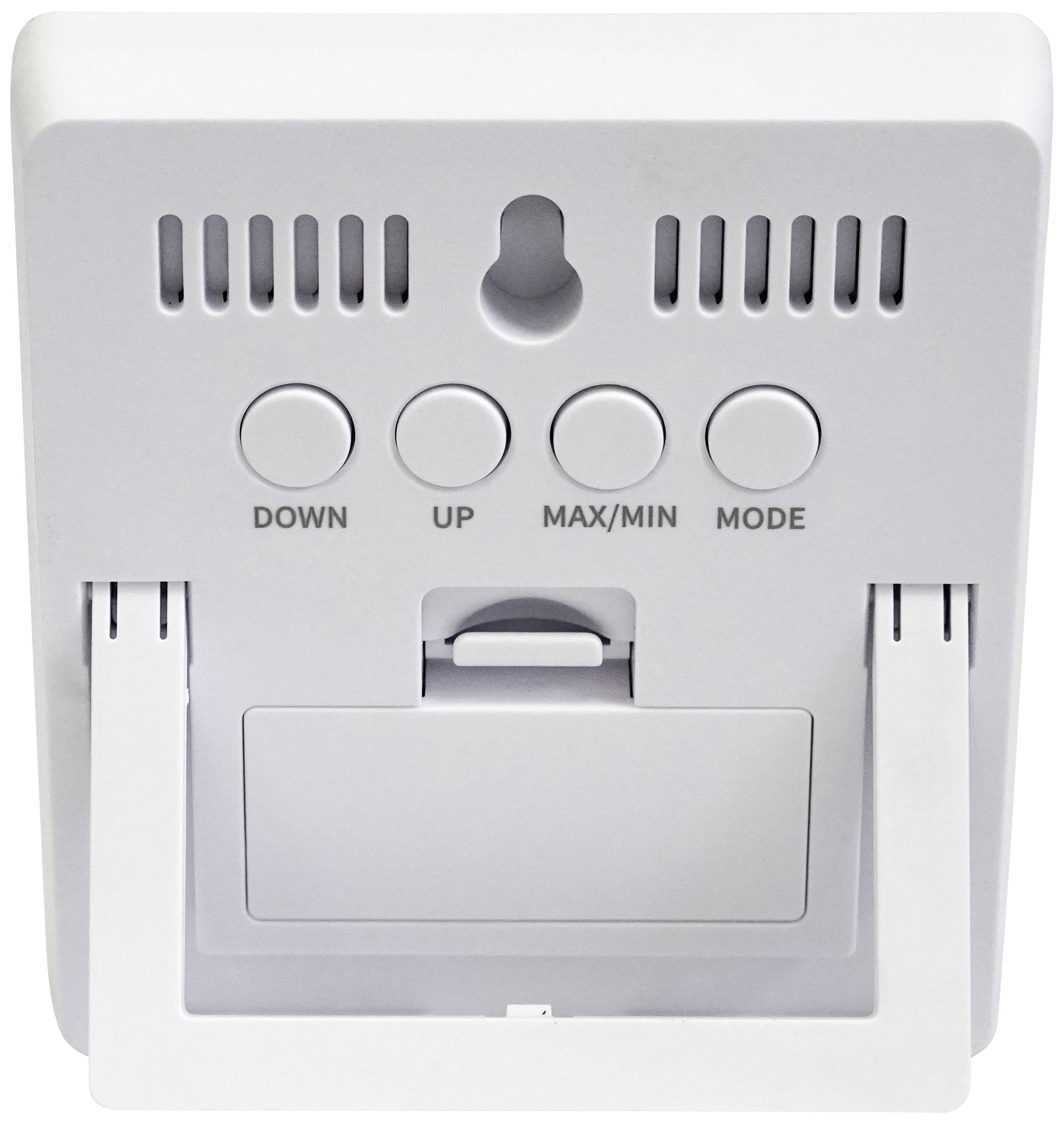 'Rückseite eines elektronischen Geräts mit vier Tasten: DOWN, UP, MAX/MIN, MODE. Lüftungsschlitze und Ständer erkennbar.'