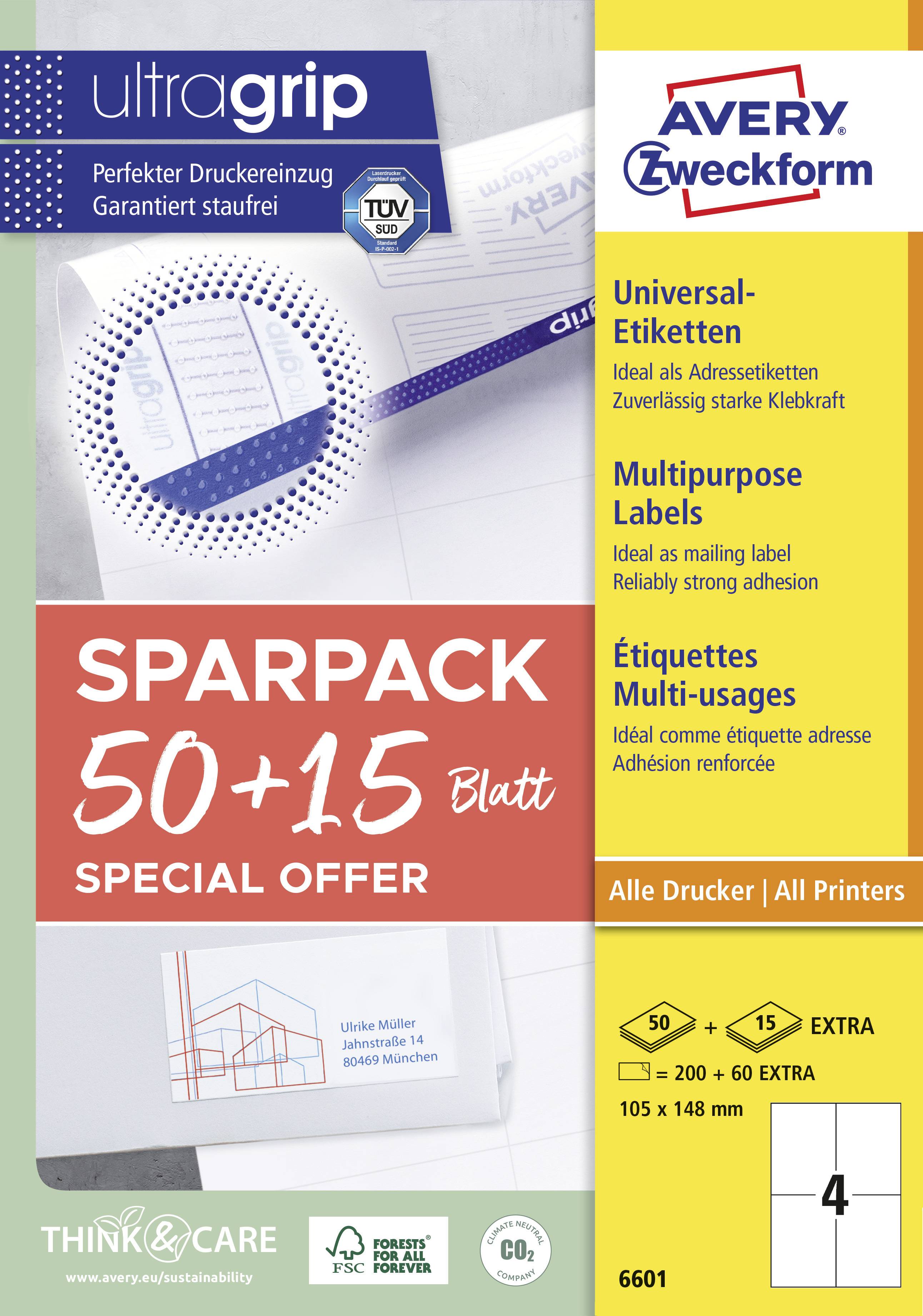 'Universal-Etiketten Sparpack' von Avery Zweckform. Enthält 50+15 Blatt. Geeignet für alle Drucker. Etikettengröße: 105 x 148 mm.
