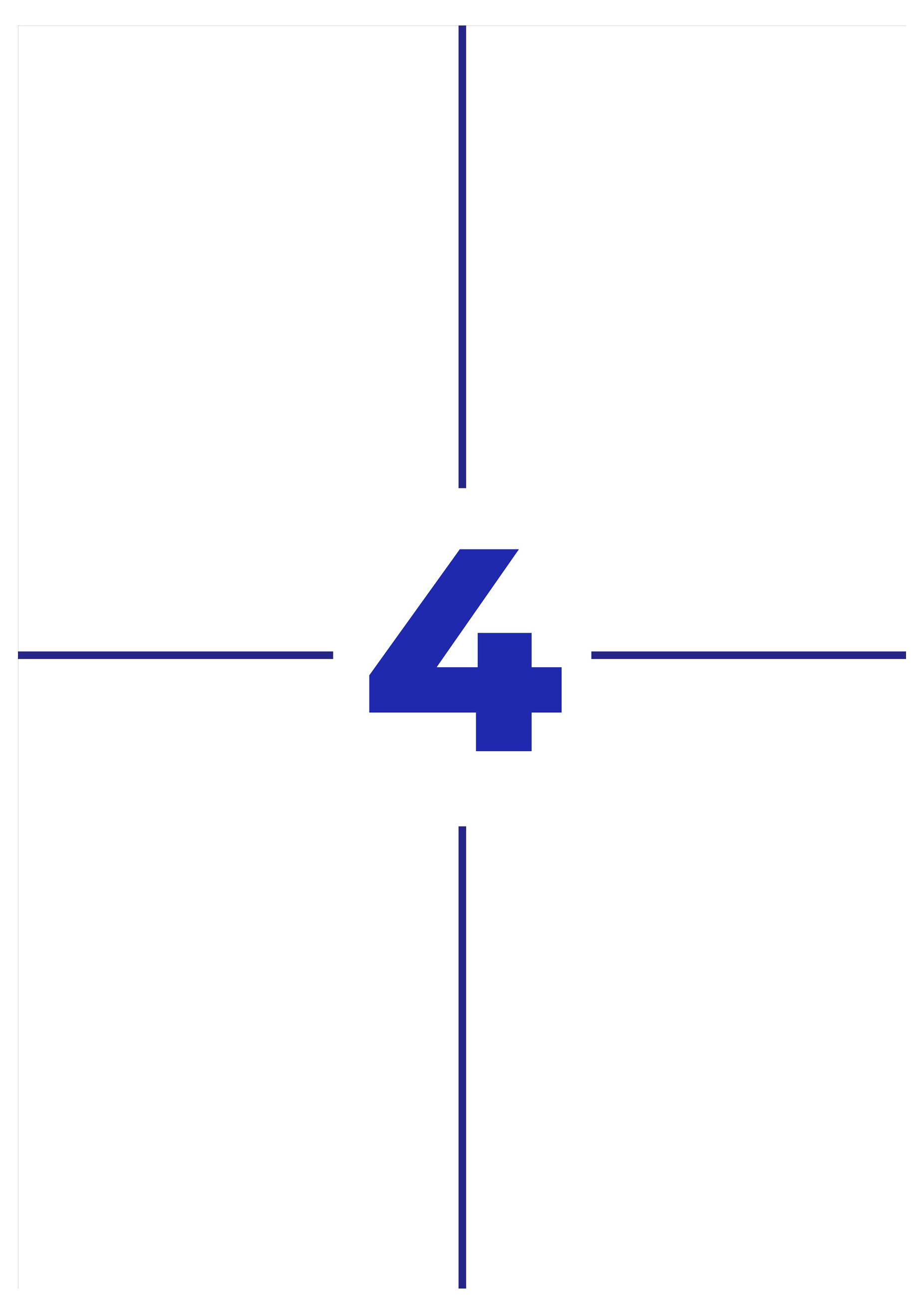 Zentrierte blaue Zahl '4' auf weißem Hintergrund mit dünnen blauen Markierungslinien oben, unten, links und rechts.