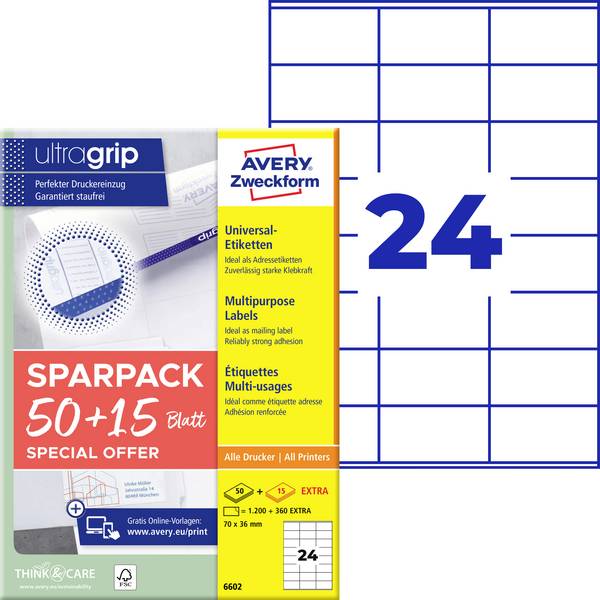 Avery-Zweckform 6602 Universal-Etiketten 70 x 36 mm Papier Weiß 1560 St. Permanent haftend Farblaserdrucker, Laserdrucker