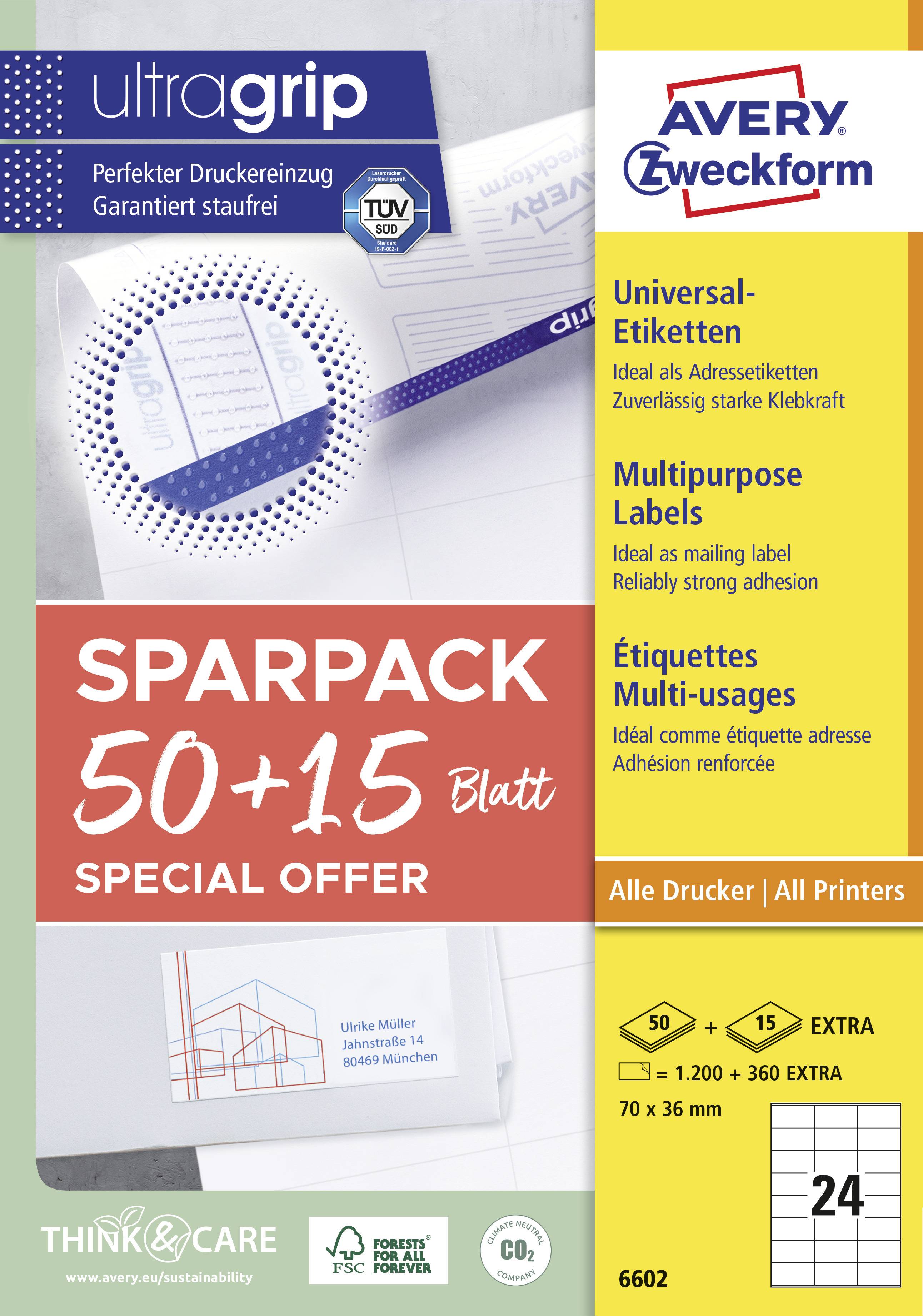 Produktabbildung von Avery Zweckform Universal-Etiketten. Sparpack 50+15 Blatt. Geeignet für alle Drucker. Größe: 70 x 36 mm.