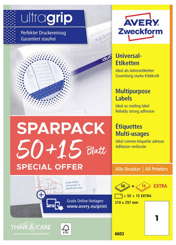 Avery-Zweckform 6603 Universal-Etiketten 210 x 297 mm Papier Weiß 65 St. Permanent haftend Farblaserdrucker, Laserdrucker