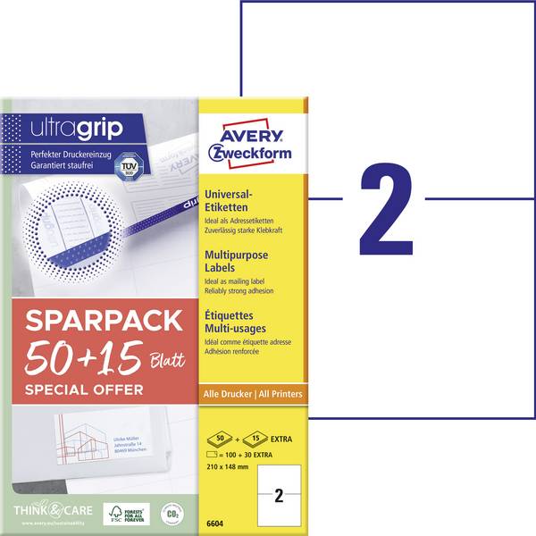 Avery-Zweckform 6604 Universal-Etiketten 210 x 148 mm Papier Weiß 130 St. Permanent haftend Farblaserdrucker, Laserdrucker