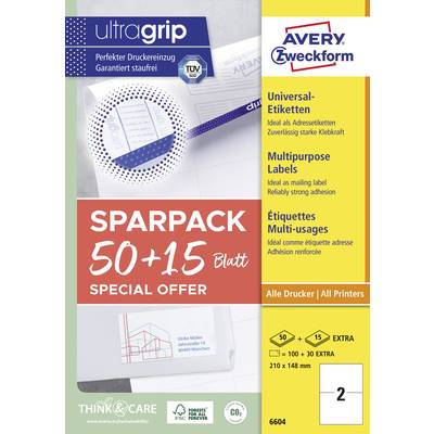 Packung Avery Zweckform Universal-Etiketten, 50 + 15 Blatt. Geeignet für alle Drucker. Größe: 210 x 148 mm. 65 Etiketten pro Pack.