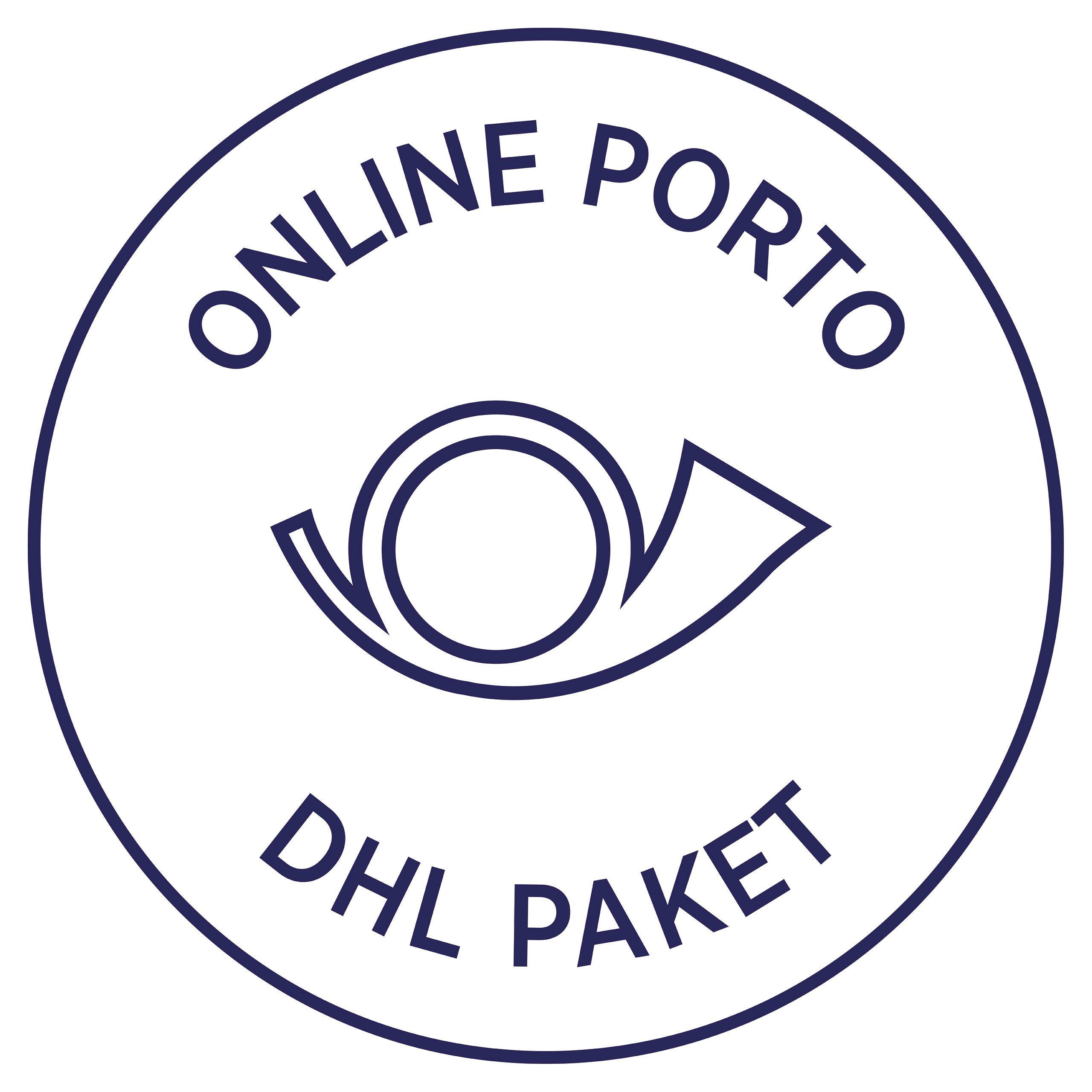 'Rundes Logo mit Text "ONLINE PORTO DHL PAKET" und einem stilisierten Posthorn in der Mitte.'