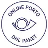 'Rundes Logo mit Text "ONLINE PORTO DHL PAKET" und einem stilisierten Posthorn in der Mitte.'