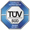 Das Bild zeigt das TÜV SÜD Prüfzeichen für Laserdrucker mit dem Text 'Laserdrücker Durchlauf geprüft, Standard IS-P-002-1'.
