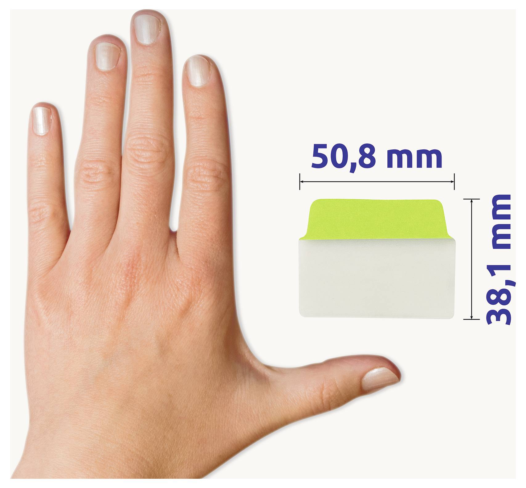 Hand vor einer kleinen rechteckigen Karte; Maßangaben 50,8 mm breit und 38,1 mm hoch verdeutlichen die Größe.