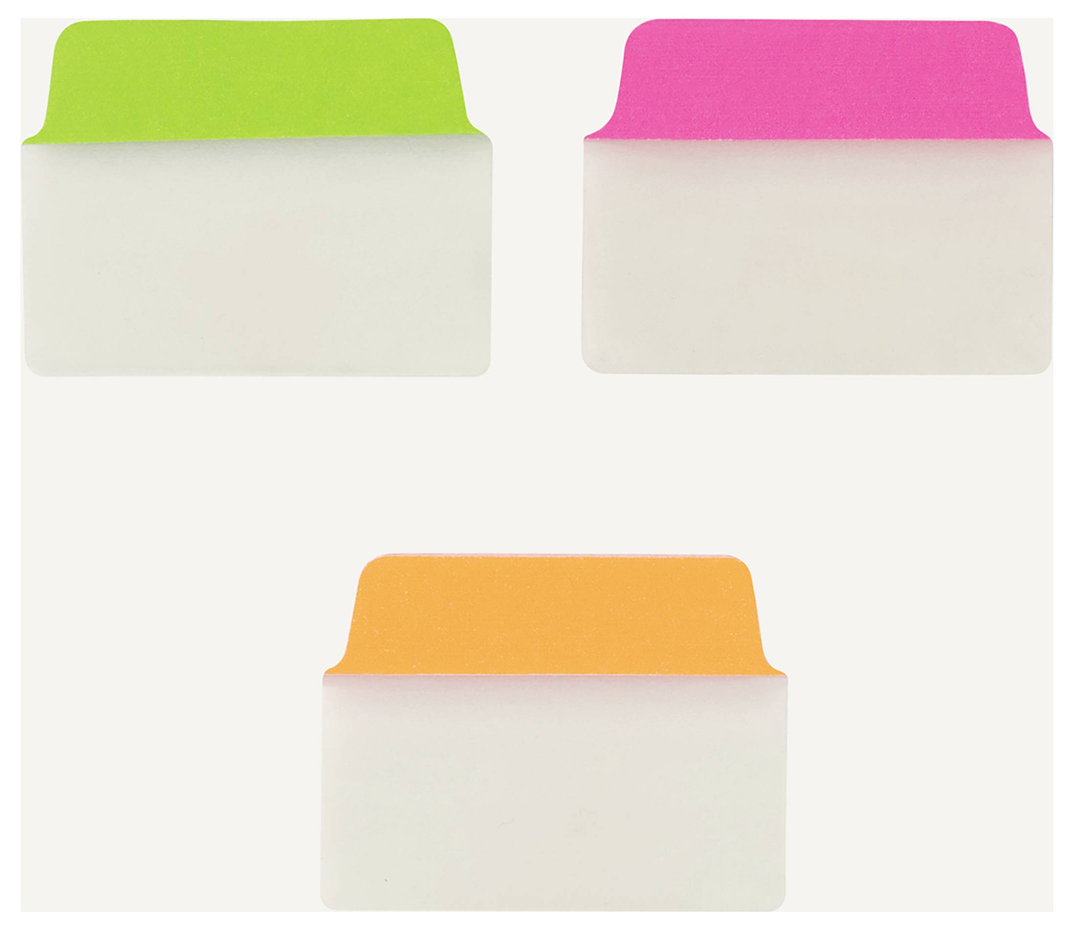 Drei leere Haftnotizzettel mit farbigen Registerlaschen: grün oben links, pink oben rechts und orange unten mittig.