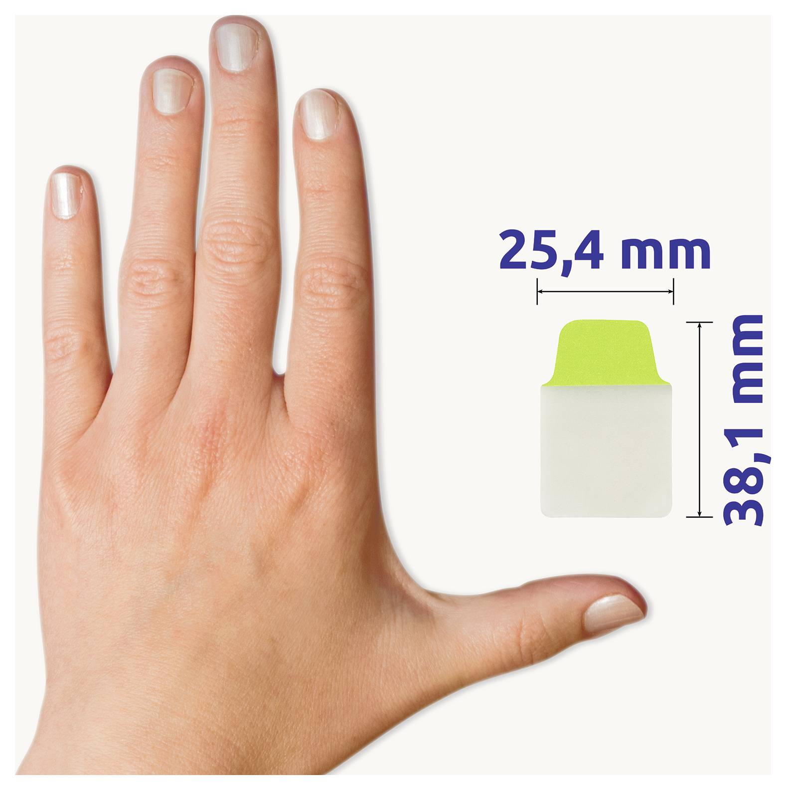Hand neben einer kleinen Verpackung als Größenvergleich; Maßangaben: 25,4 mm Breite und 38,1 mm Höhe.