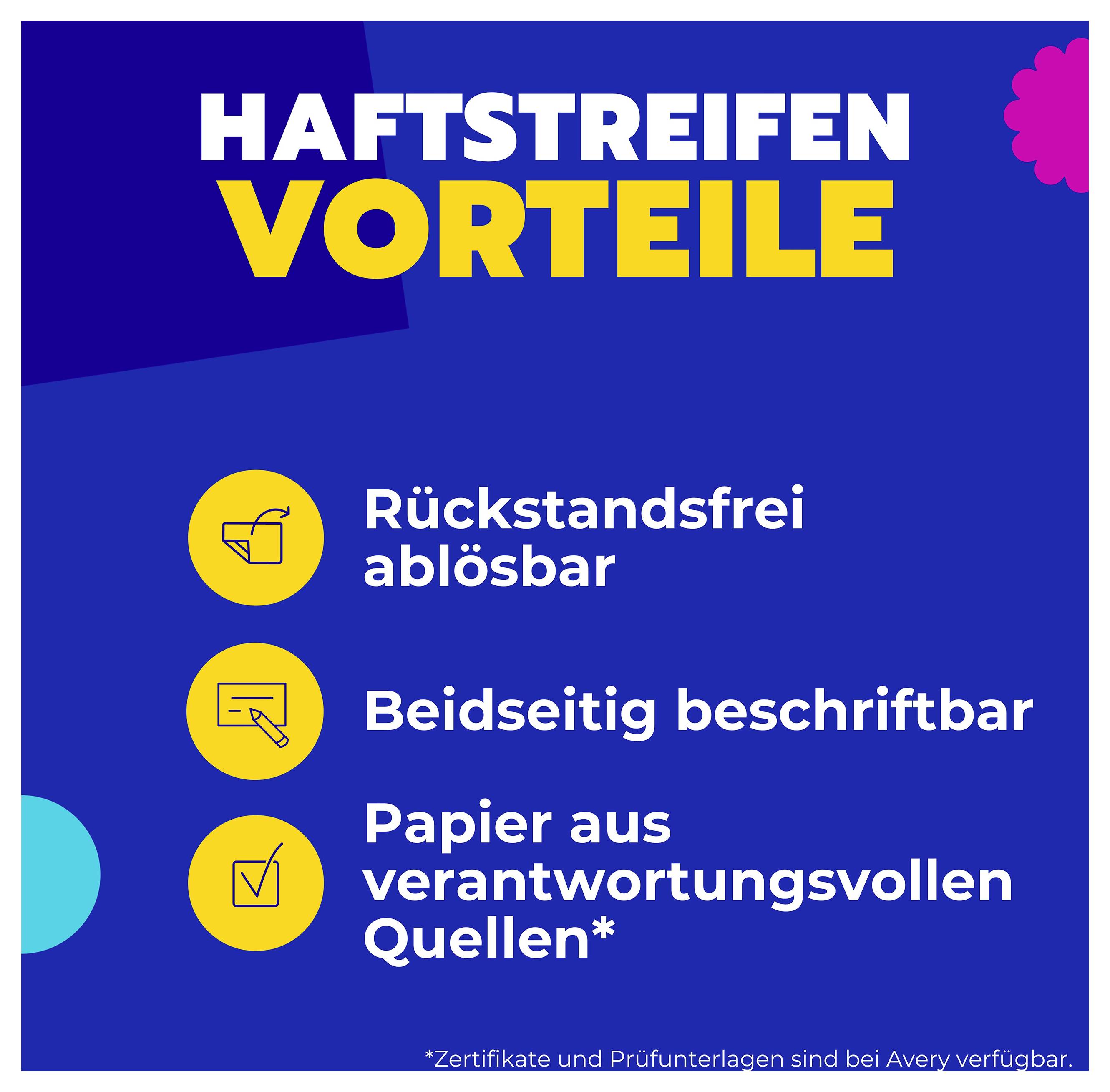 Werbegrafik zu Haftstreifen-Vorteilen mit den Punkten 'Rückstandsfrei ablösbar', 'Beidseitig beschriftbar' und 'Papier aus verantwortungsvollen Quellen*'.