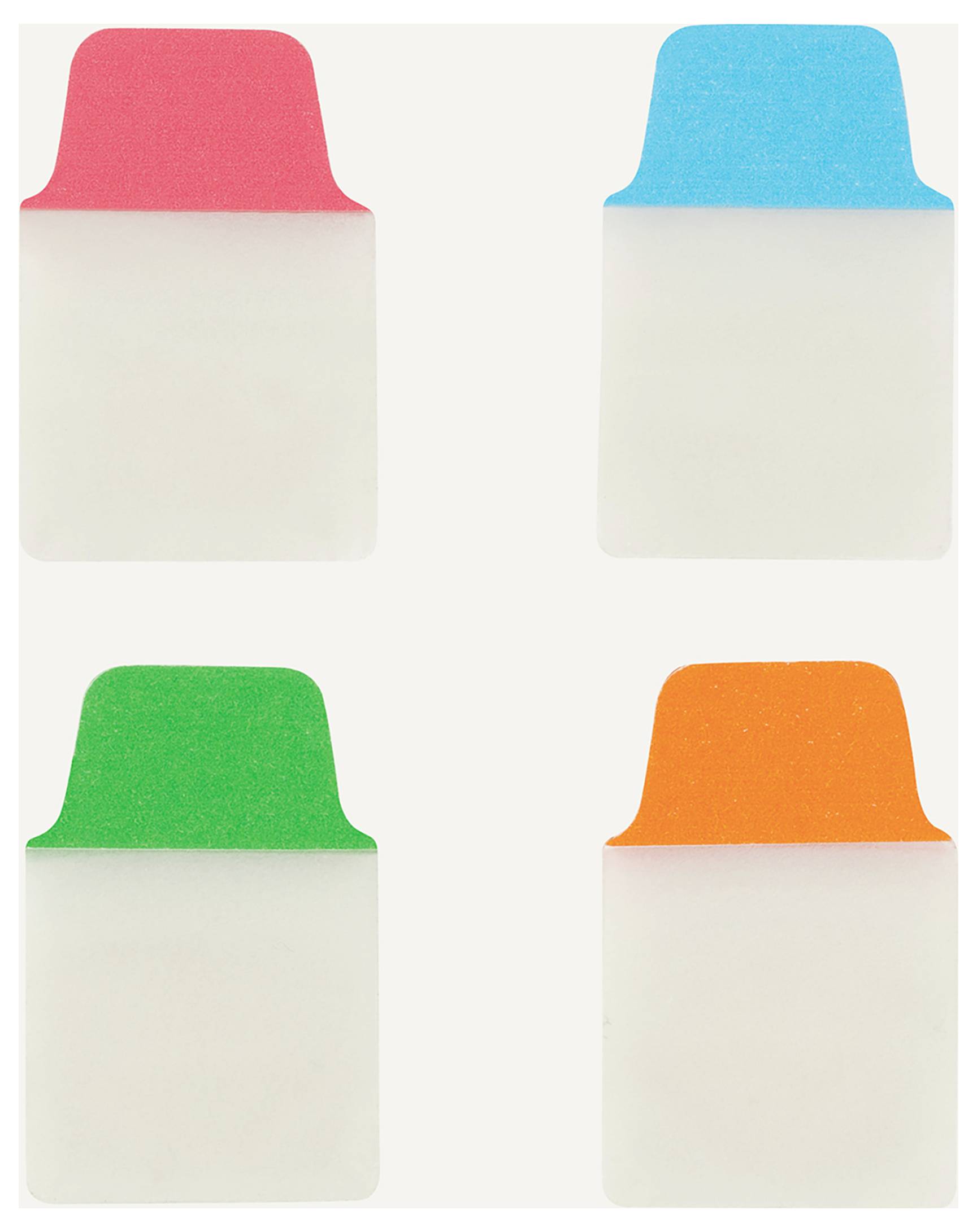 Vier farbige Kunststoff-Tab-Reiter in einem 2x2-Raster: oben links rot, oben rechts türkis, unten links grün, unten rechts orange.