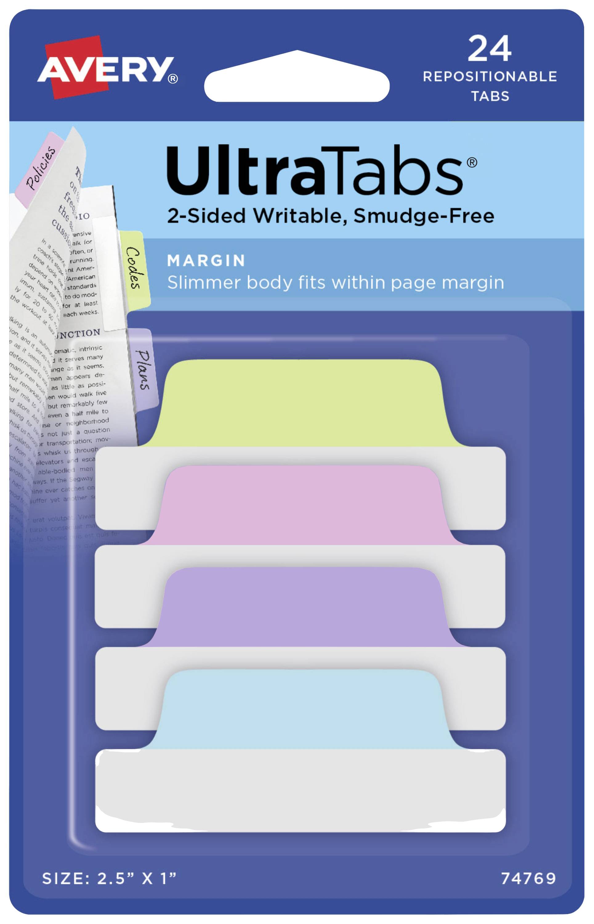 AVERY ZWECKFORM Haftstreifen UltraTabs Pastell, 63,5 x 25 mm beschreibbare Taben, aus Polyester, pap