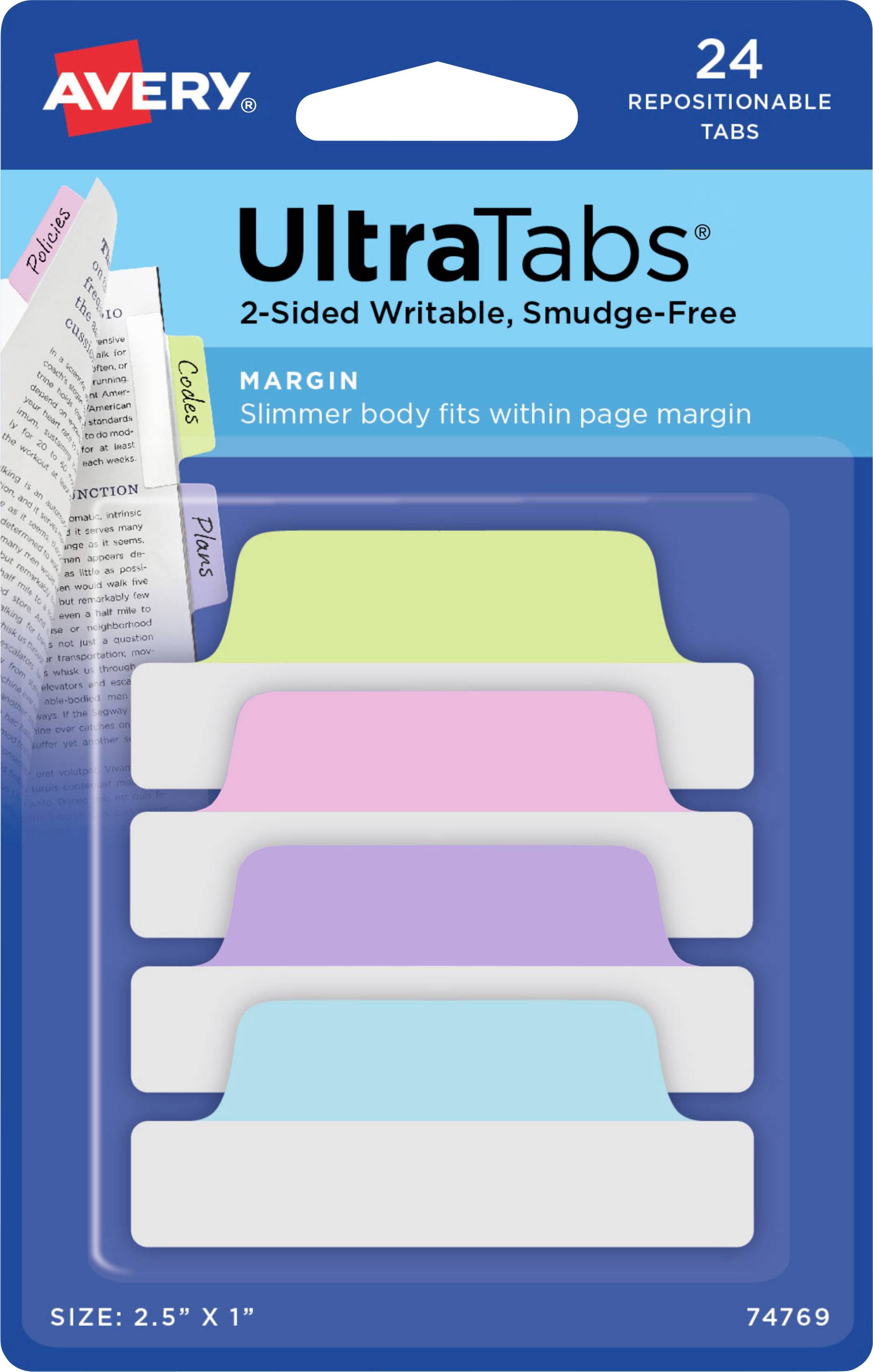 Avery UltraTabs nachpositionierbare Registerkarten, 24er Pack, mit beidseitig beschreibbaren, verschmierungsfreien Registerkarten in verschiedenen Farben, Größe 2,5 x 1 Zoll.